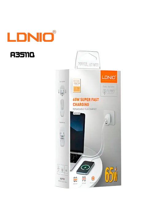 CUBO CARGADOR LDNIO CARGA RAPIDA A3511Q USB-A A USB-C 65W WHITE (A3511Q)