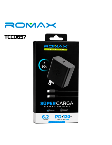 Cargador Romax USB A A USB-C 6.2A 120W Carga Rapida TCC0657