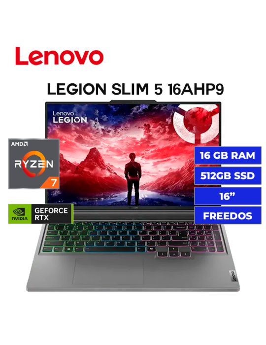 LAPTOP GAMER LENOVO LEGION SLIM 5 16AHP9 AMD RYZEN 7 8845HS 16GB 512GB SSD RTX 4060 8GB 16" FREEDOS (83DH0086LM)
